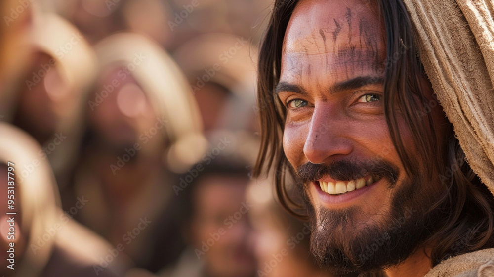 Close-up of Jesusâ face with a slight smile as He shares a comforting message with the crowd. Close-up of Jesusâ face with a slight smile as He shares a comforting message with the crowd.