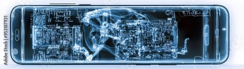 An x-ray image of a smartphone showcasing its intricate internal circuitry and components in a stunning blue glow.