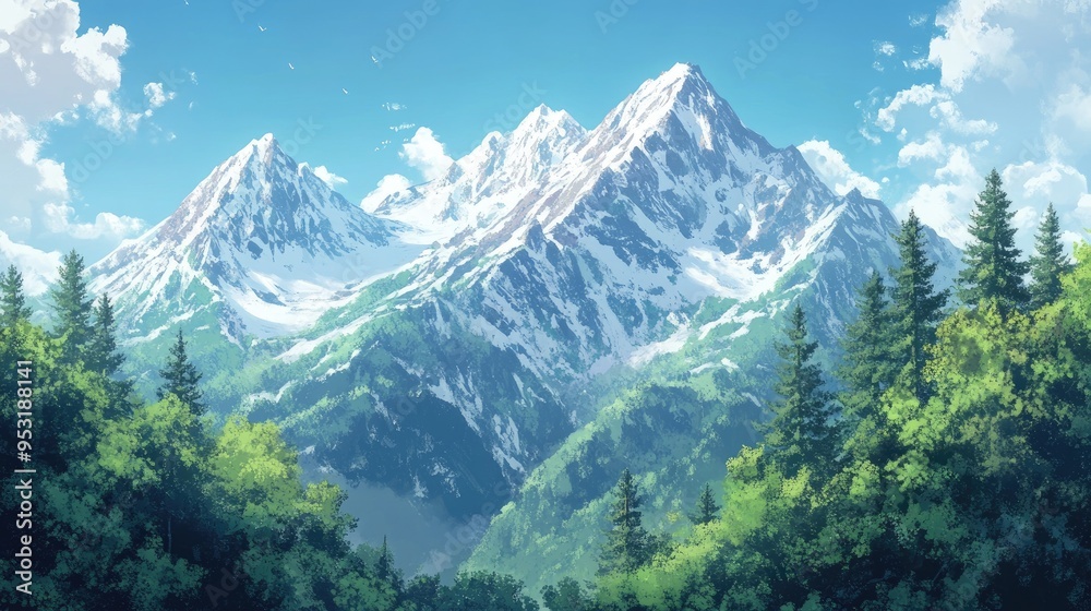 A serene anime mountain scene, with snow-capped peaks and a gentle breeze blowing through the trees. A serene anime mountain scene, with snow-capped peaks and a gentle breeze blowing through the trees.