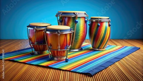 Vibrant colorful drum set consisting of large and small bongos, drumsticks, and a rhythmic pattern mat on a bright blue studio background. photo