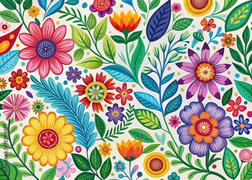 Vibrant, colorful floral elements, including blooming flowers, leaves, and vines, intertwined with playful clipart designs, perfect for whimsical illustrations, patterns, and craft projects.