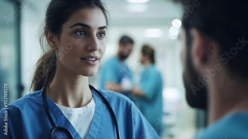 Female nurse talking to a patient in hospital hallway