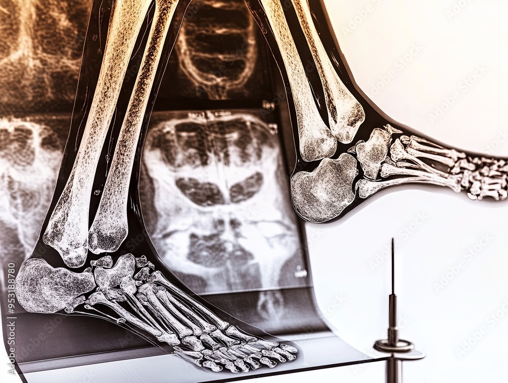 Detailed X-ray image of a human leg highlighting bone structure and ...