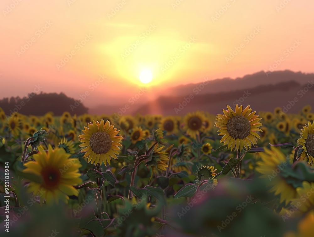 Obraz premium Dawn's Radiance: A Stunning Sunflower Field at Sunrise