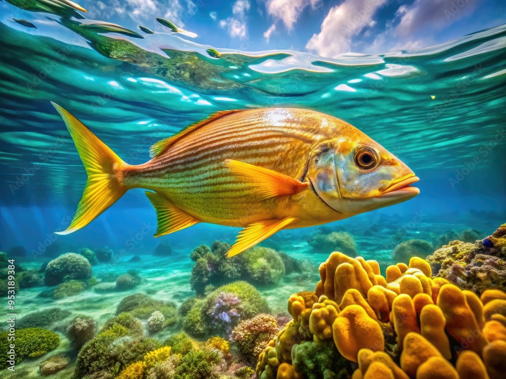 Vibrant golden dorado fish swims majestically in turquoise Caribbean waters, its iridescent scales shimmering in sunlight, surrounded by coral reef and seaweed. Vibrant golden dorado fish swims majestically in turquoise Caribbean waters, its iridescent scales shimmering in sunlight, surrounded by coral reef and seaweed.