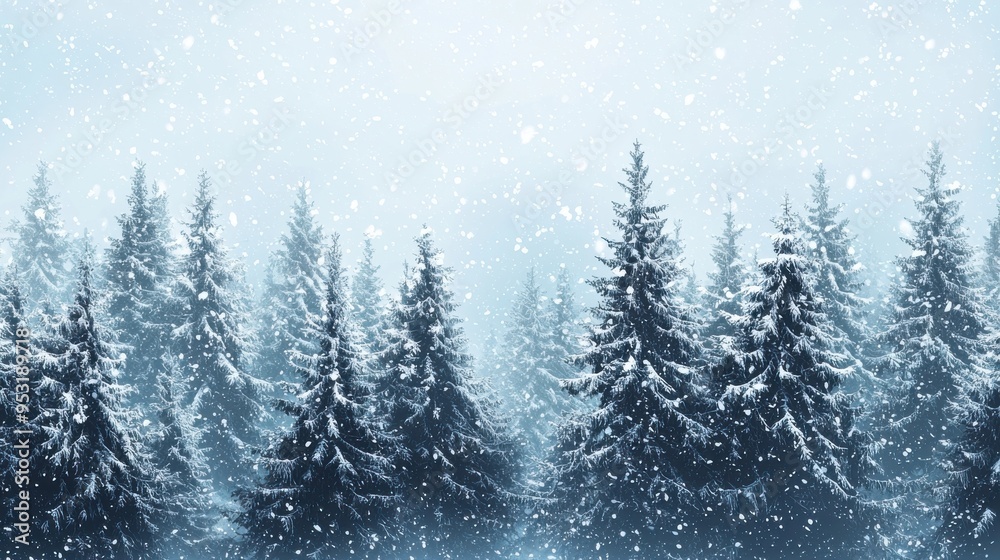 Fototapeta premium A serene winter landscape featuring snow-covered evergreen trees under a gentle snowfall, creating a peaceful atmosphere.