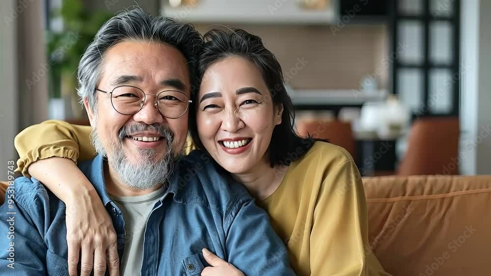 A happy senior Asian couple sitting on a couch and smiling at the camera. A happy senior Asian couple sitting on a couch and smiling at the camera.