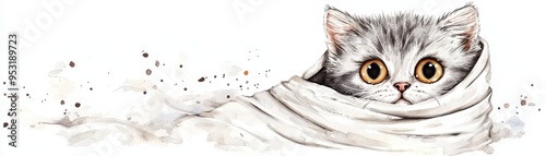 A cute grey cat wrapped in a soft blanket, featuring large expressive eyes and delicate details, perfect for animal lovers and art. photo