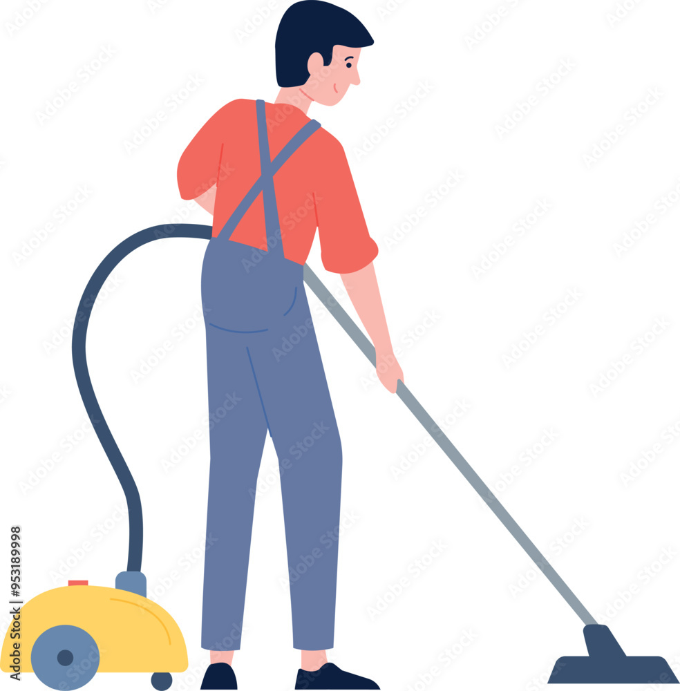 Man vacuuming floor. Professional cleaning service worker character Man vacuuming floor. Professional cleaning service worker character
