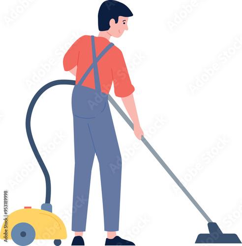 Man vacuuming floor. Professional cleaning service worker character