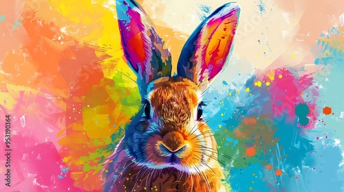 A vibrant, colorful illustration of a rabbit against a bright, abstract background. photo