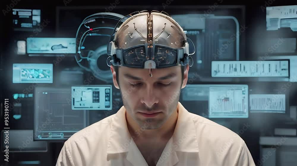 Brain-computer interface with a microchip embedded in the brain, showing data streams enabling a paralyzed person to interact with a virtual interface. Concept of neurotechnology, assistive technology
