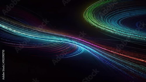 Abstract light trails in vibrant colors swirling in a dark space. Concept of digital energy, futuristic design, dynamic motion, neon lights, modern technology