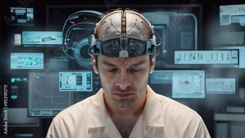 Brain-computer interface with a microchip embedded in the brain, showing data streams enabling a paralyzed person to interact with a virtual interface. Concept of neurotechnology, assistive technology