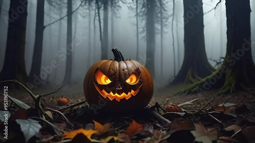 Single glowing jack-o'-lantern in a dark, foggy forest. Concept of Halloween, spooky atmosphere, eerie forest, autumn night, scary decoration, horror theme, Halloween décor