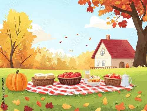 Thanksgiving outdoor picnic flat design, side view, casual theme, cartoon drawing photo