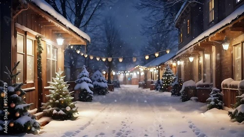 Christmas night scene with softly falling snow and illuminated decorations. Concept of festive winter evening, holiday lights, serene Christmas atmosphere, winter wonderland, seasonal celebration