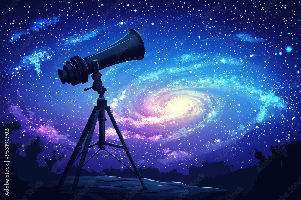A stunning view of a galaxy through a telescope under a starry night sky, perfect for space enthusiasts and astronomy lovers.