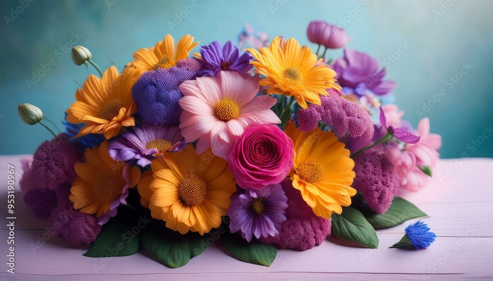 Fototapeta premium Pink, yellow, white, green flower arrangement, candles, fresh, spring, summer, colorful, bunch, beauty, fragrant, smell, blooming, blooms, vibrant, petals, blossom, bunch, floral, flowers