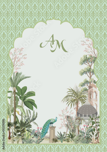 Mughal Arch,Mughal Plant watercolor, Peacock, Mughal wedding card Design.