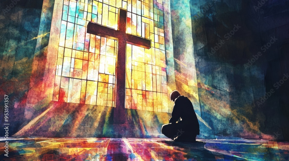 A person kneels in prayer before a vibrant stained glass window adorned with a cross, representing faith and spirituality. A person kneels in prayer before a vibrant stained glass window adorned with a cross, representing faith and spirituality.