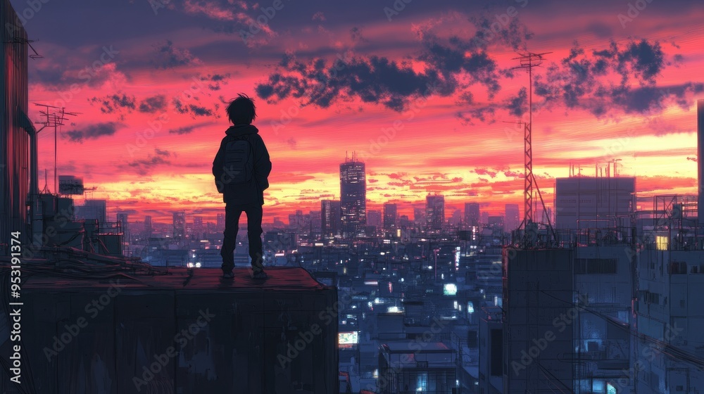 An anime-style character standing on a rooftop, looking out over a city with determination. An anime-style character standing on a rooftop, looking out over a city with determination.