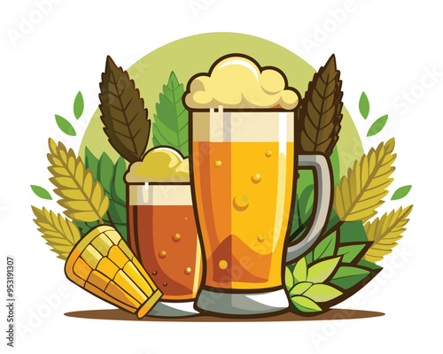 Cold beer in  glasses and hops and malt vector illustration