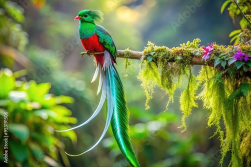 Vibrant iridescent feathers of a resplendent quetzal bird shine in dappled forest light, its long flowing tail feathers cascading behind, surrounded by lush green foliage.