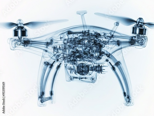 X-ray view of a drone showcasing intricate internal components and engineering design in a unique and modern aesthetic. photo