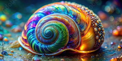 Vibrant, iridescent shell of a marine snail, showcasing intricate patterns and swirling colors, highlighting the delicate beauty of a tiny ocean dweller. photo