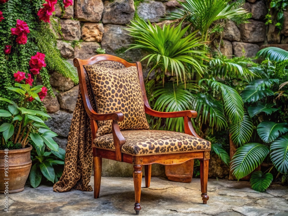 Obraz premium Vibrant leopard-print fabric draped over a wooden chair against a natural stone wall, surrounded by lush greenery and exotic flowers in a tropical setting.