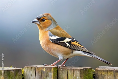 Vibrant male Chaffinch perches on a rustic wooden fence, showcasing its distinctive white wing bars and reddish-brown plumage against a soft, overcast winter sky.