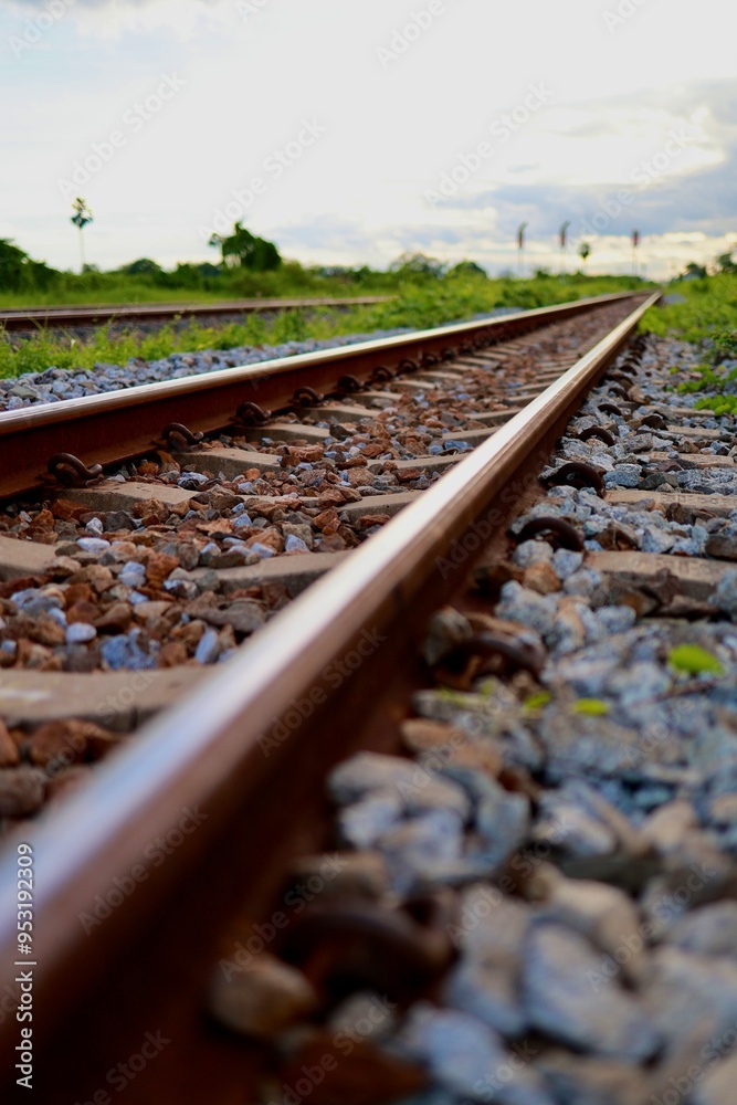 Naklejka premium railroad tracks in the countryside railway tracks in the countryside railroad tracks in the forest railroad tracks in the countryside railway tracks in the countryside transport traffic