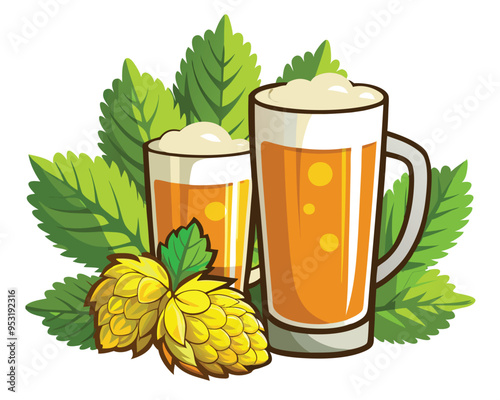 Cold beer in  glasses and hops and malt vector illustration