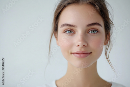 Portrait of a European American woman, close up on a white background