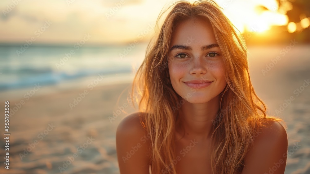 A woman with long hair smiles while sitting on a beach during sunset A woman with long hair smiles while sitting on a beach during sunset