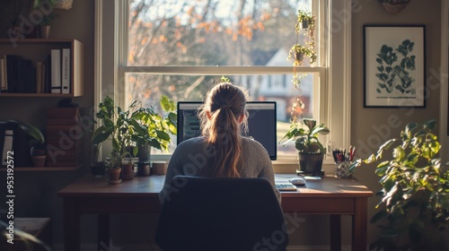 A serene workspace with a person sitting at a desk, focused on a computer. Sunlight filters through the window, illuminating indoor plants and a cozy atmosphere