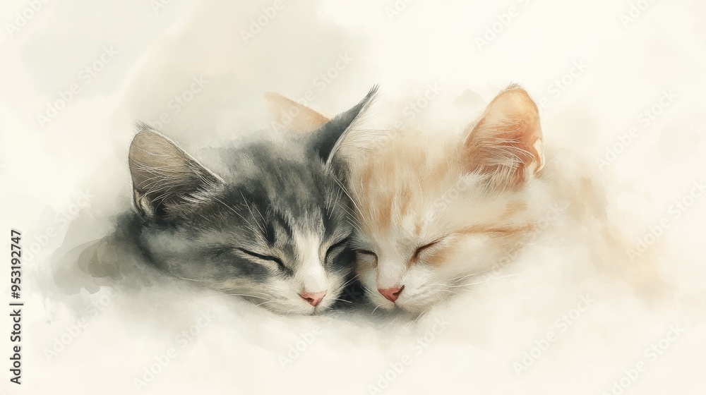 Two adorable kittens, one gray and one cream, are peacefully cuddled together with their eyes closed, surrounded by soft, dreamy colors Two adorable kittens, one gray and one cream, are peacefully cuddled together with their eyes closed, surrounded by soft, dreamy colors