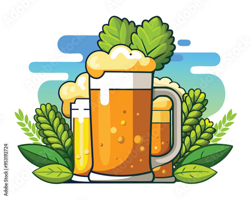 Cold beer in  glasses and hops and malt vector illustration