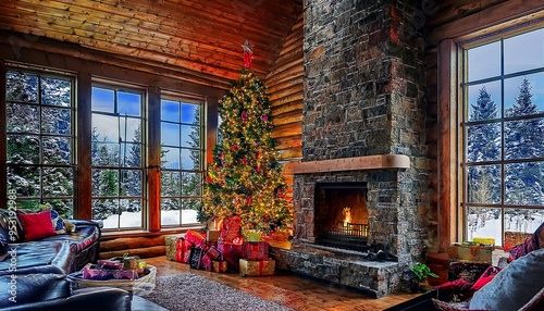 Cozy log cabin home in the mountains with fireplace and Christmas tree and beautiful view