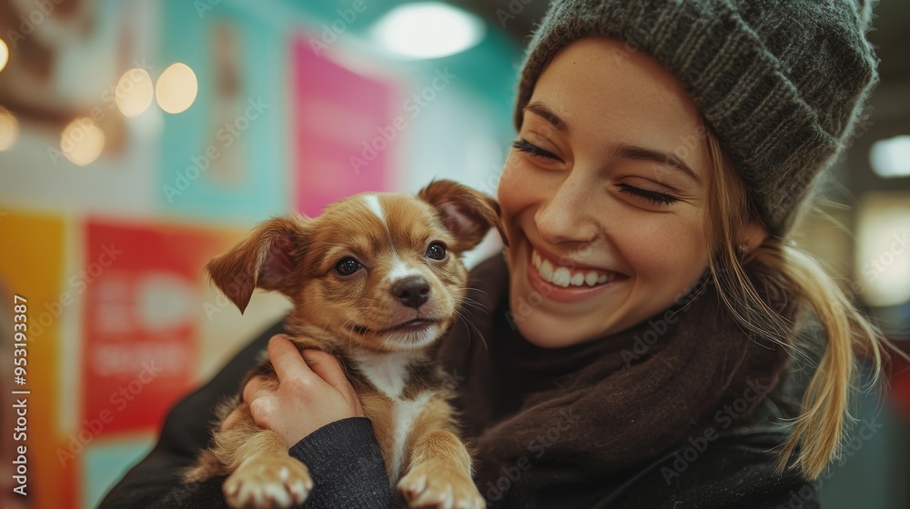 A joyful woman in a beanie holds a small puppy, smiling brightly in a colorful indoor setting, showcasing a heartwarming bond between them A joyful woman in a beanie holds a small puppy, smiling brightly in a colorful indoor setting, showcasing a heartwarming bond between them