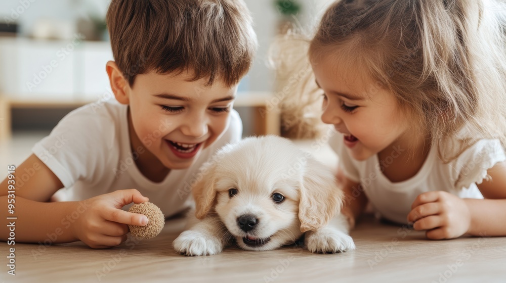 Two children play joyfully with a cute puppy, showcasing a warm moment of companionship and laughter on a wooden floor