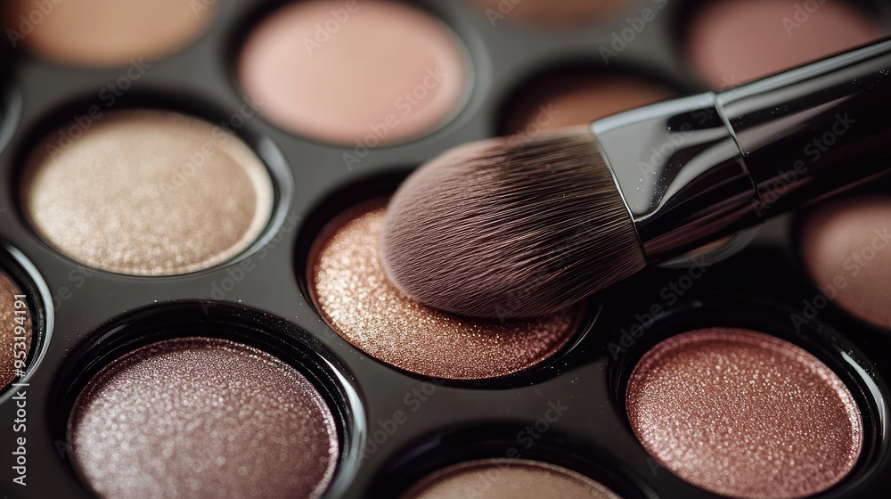 Close-up of a neutral eye shadow palette with a brush, showcasing the earthy tones perfect for natural makeup looks. Close-up of a neutral eye shadow palette with a brush, showcasing the earthy tones perfect for natural makeup looks.