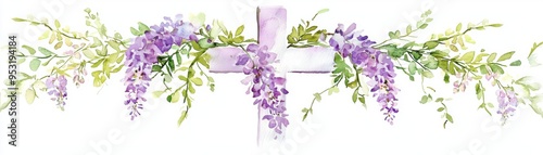 A serene floral cross adorned with delicate purple blossoms, perfect for religious or memorial themes.