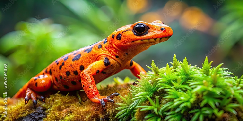 Fototapeta premium Vibrant orange salamander with black spots perches on a moss-covered stone, its slender body and long tail blending with the lush green forest surroundings.