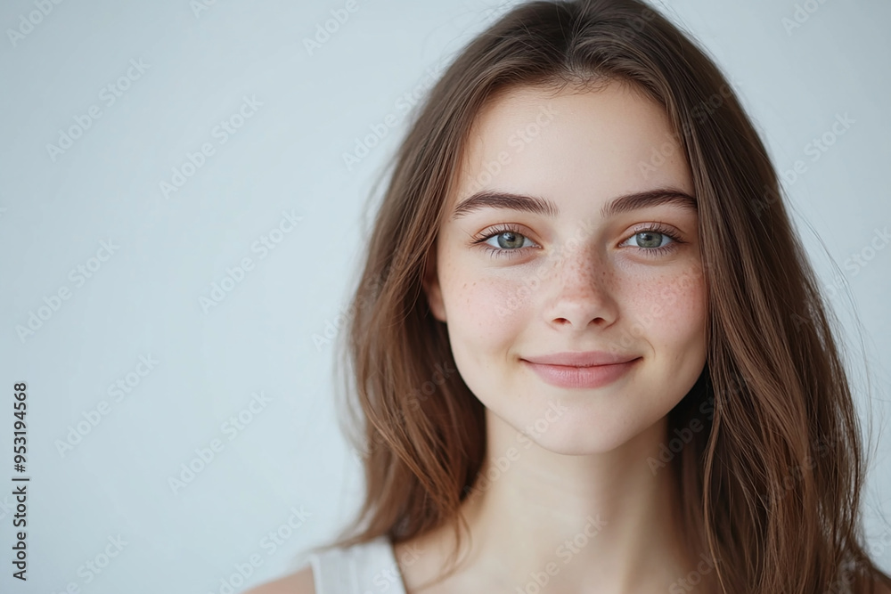 Portrait of a European American woman, close up on a white background Portrait of a European American woman, close up on a white background