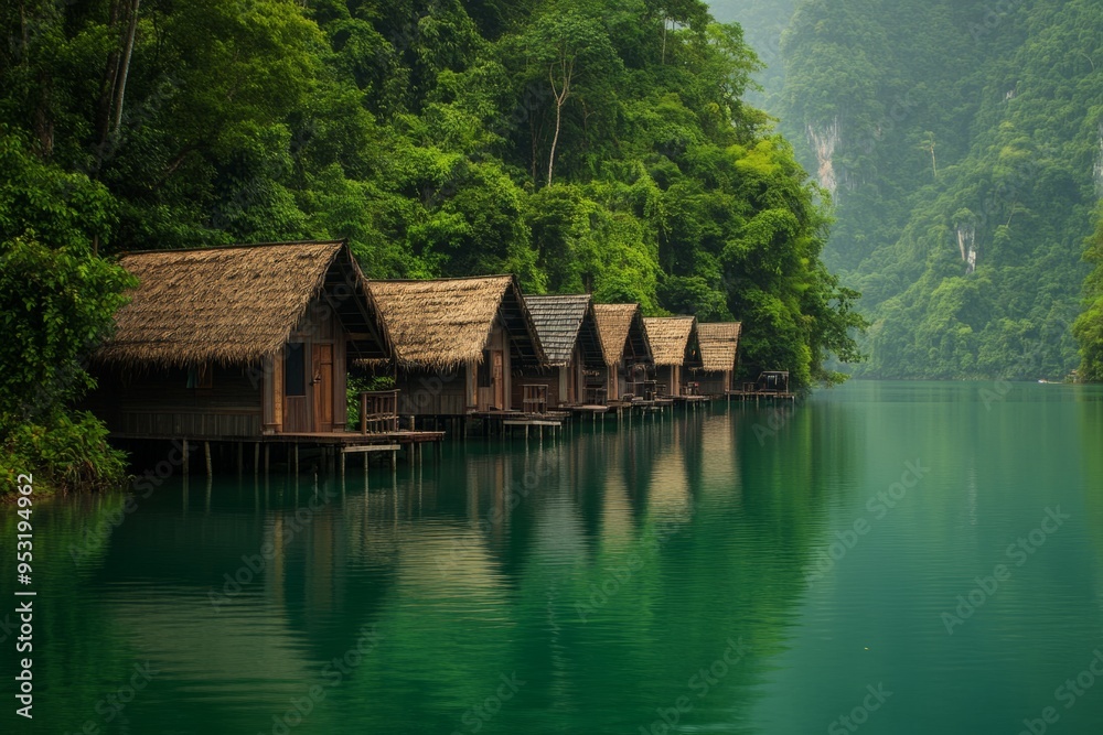 Enjoy a peaceful scene of traditional huts by the water. Lush green trees surround serene waters. Ideal for travel and nature themes. Generative AI Enjoy a peaceful scene of traditional huts by the water. Lush green trees surround serene waters. Ideal for travel and nature themes. Generative AI