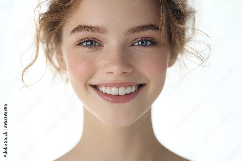 Portrait of a European American woman, close up on a white background Portrait of a European American woman, close up on a white background
