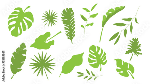 A collection of flat green leaves, beautifully illustrated against a white background. Ideal for nature-themed designs and botanical projects