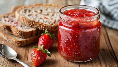 Sweet and healthy strawberry fruit jam in a glass jar on a wooden kitchen table next to the spoon and a whole grain bread for nutritious dessert vegan meal. Homemade organic marmalade